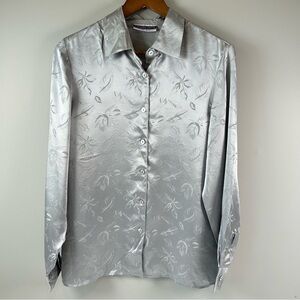 NWT Vtg Amanda Smith Pure Silk Floral Jacquard Pattern Silver Blouse Womens Sz M